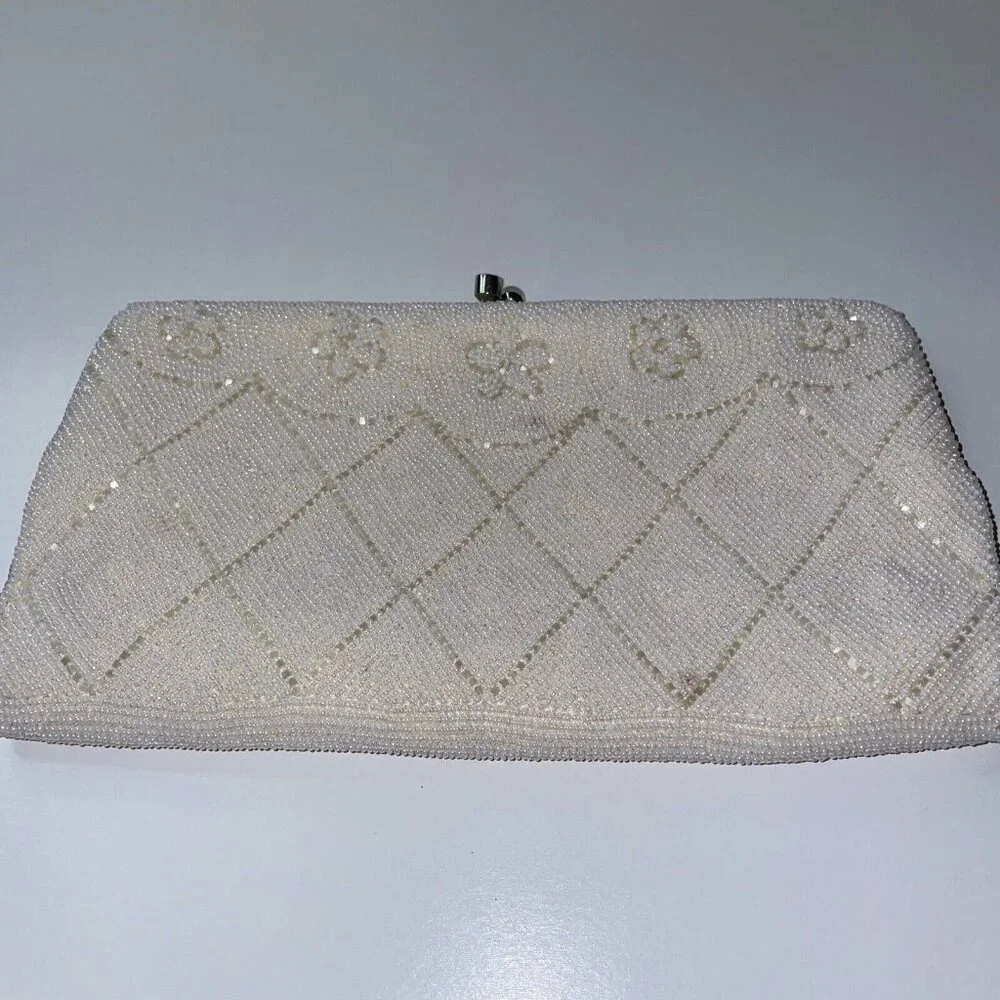 La Regale clutch purse Italian beads White Japan Vintage Mid Century Floral EL4